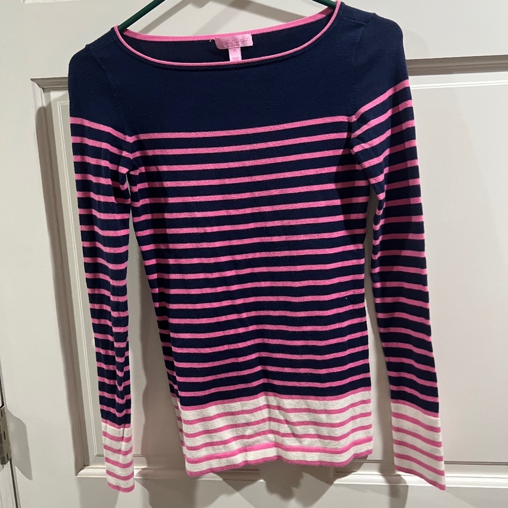 LILLY PULITZER pink and navy blue striped Maria boatneck sweater Size xs